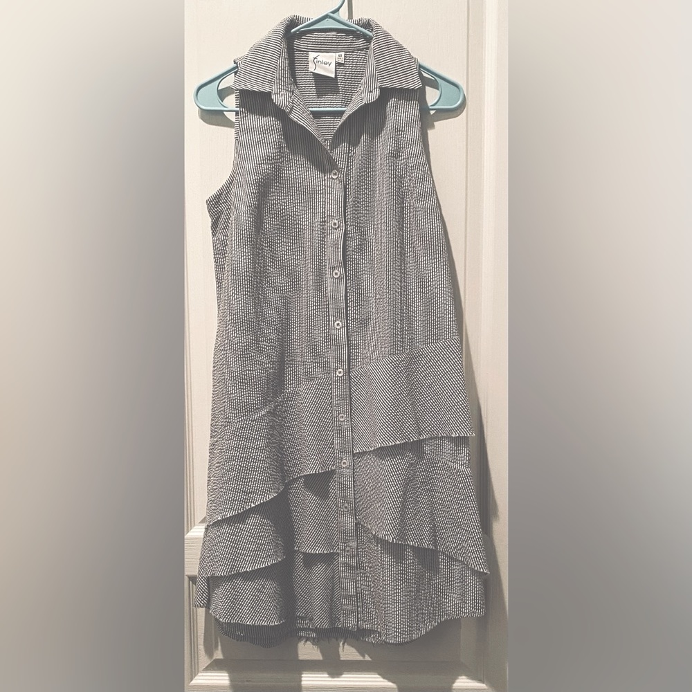 Finley Sleeveless Jenna Tiered Shirt Dress Gray Pinstriped Seersucker Dress